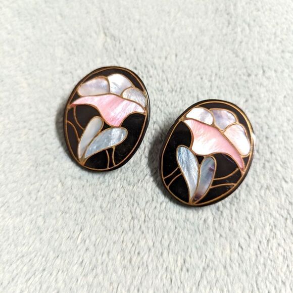 Jewelry - Vintage Mother of Pearl Inlay Floral Large Oval  Pierced Earrings